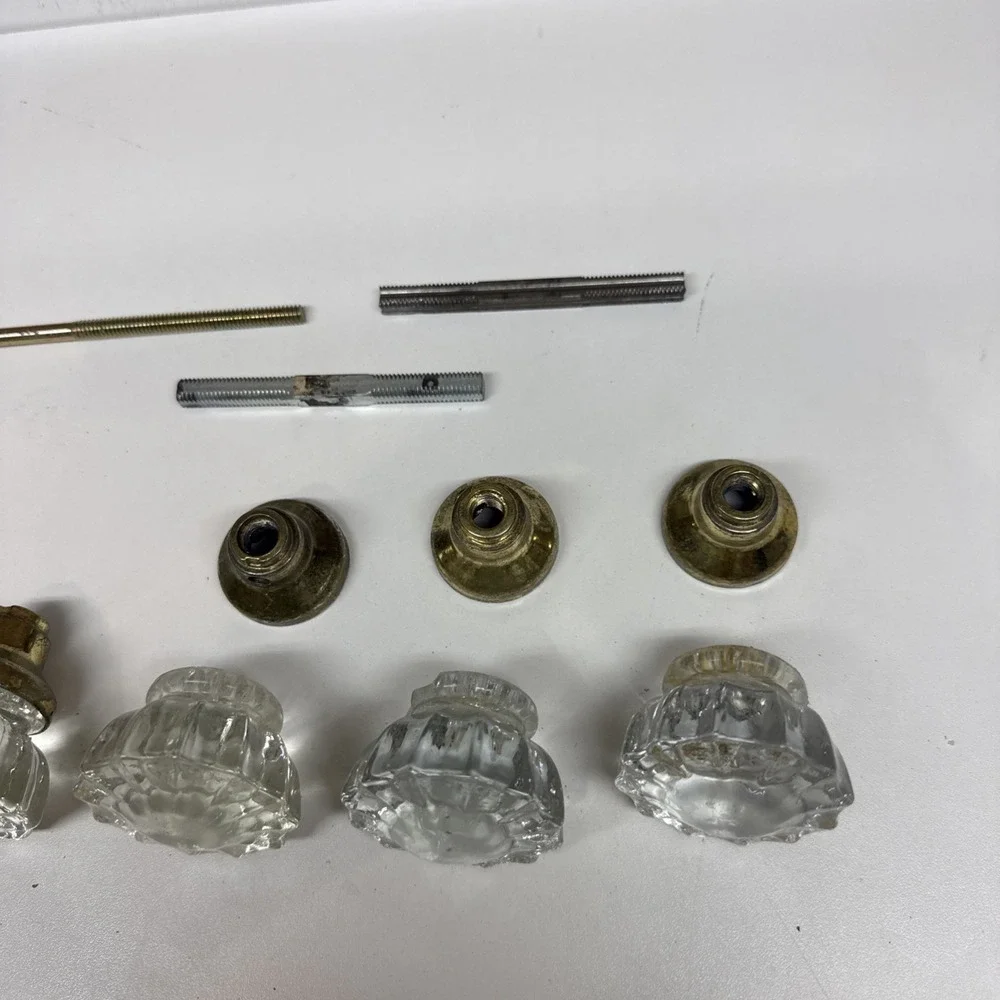 Vintage Glass Door Knob Set w/ Brass Ferrules (Barn Find, Clear Crystal Style)